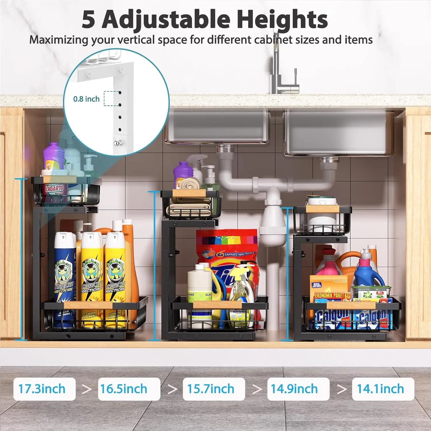 

Under Sink Organizer Storage 2 Pack, 2 Tier Slide Out Height Adjustable Pull Out Cabinet Organizer Drawer For Kitchen Bathroom