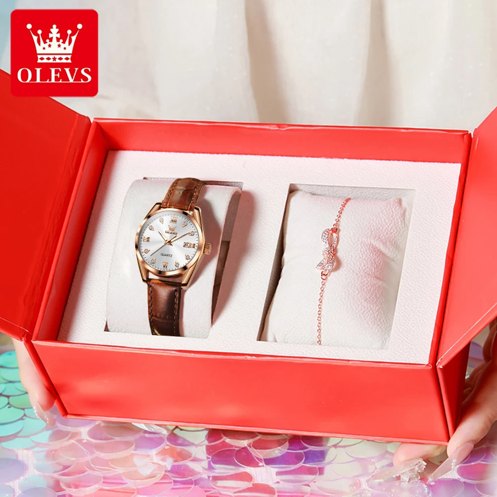 OLEVS 5522 Women Watch Quartz Wristwatch Automatic Date Leather Strap Waterproof Luminous Watch Bracelet Set Ladies' Gift Box