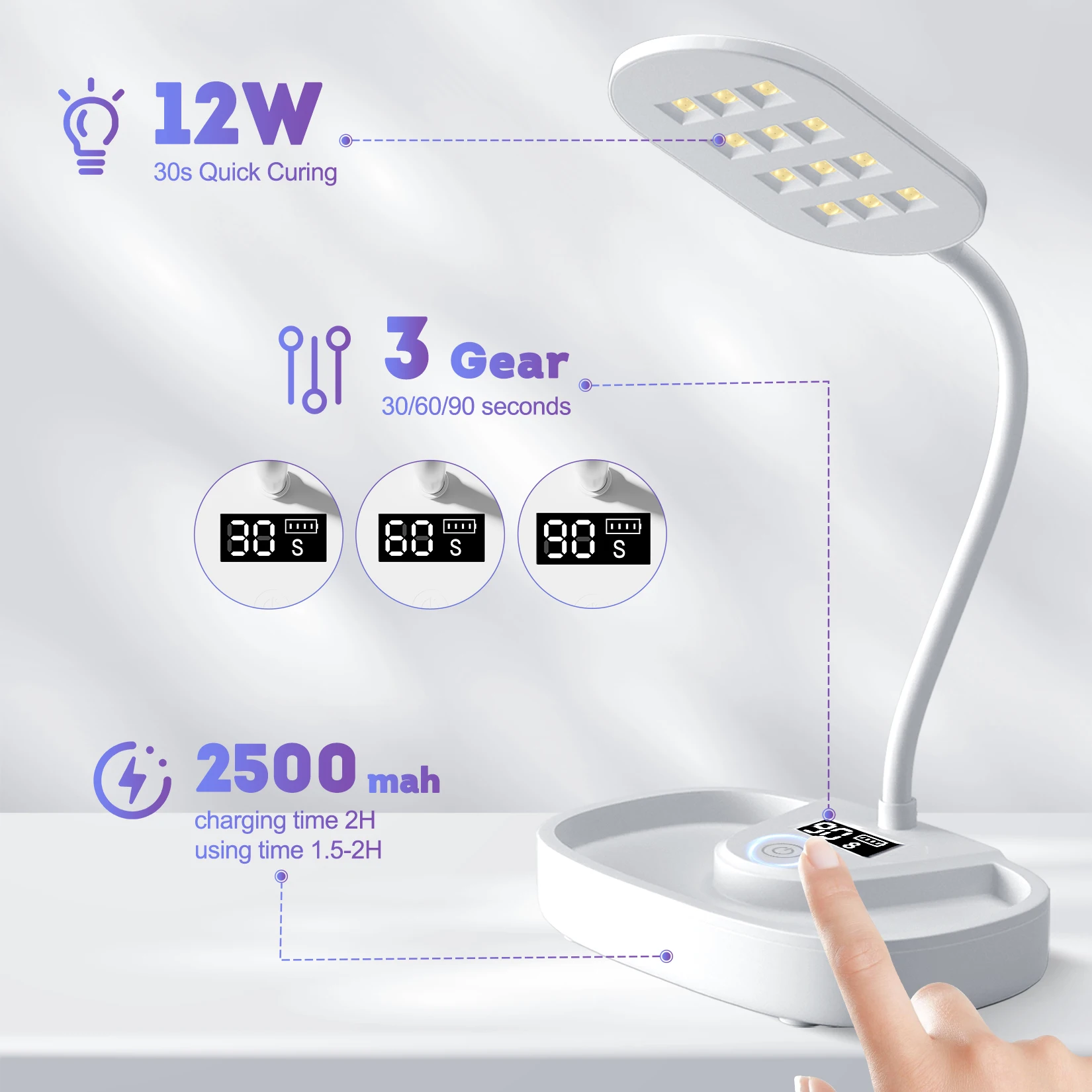 Lampa LED do paznokci 12W, przenośna, ładowalna, z giętką szyjką, szybkoschnąca lampa UV do żelu, do profesjonalnego salonu paznokci i domowego DIY.