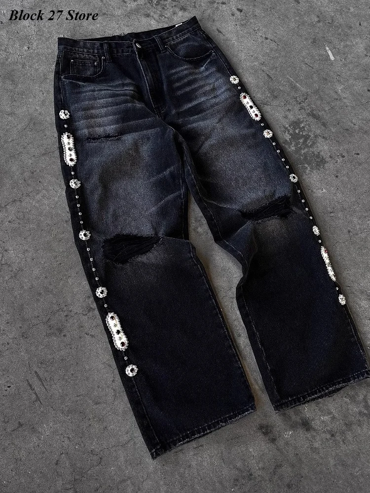 Calças de brim dos homens punk vintage streetwear preto perna larga denim calças strass pérola decoração rasgado angustiado solto ajuste y2k moda