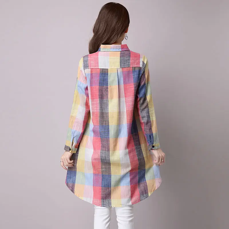 Casual Korean Female Midi Turn-down Collar Plaid Shirt 2024 Fashion Spring Autumn Young Style Single-breasted Long Sleeve Blouse