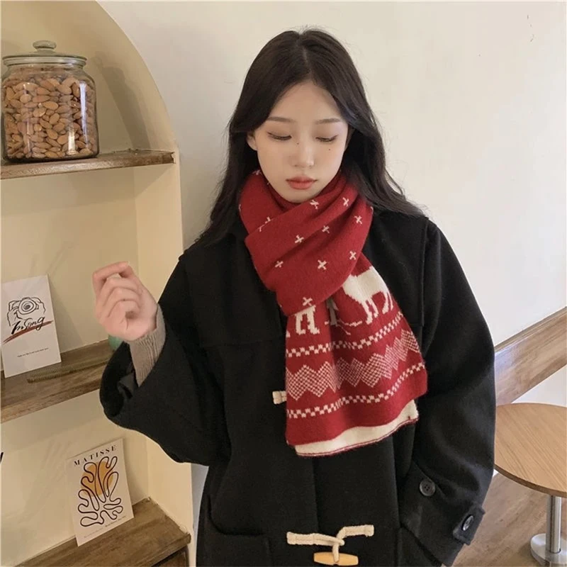 Winter Warm Scarf For Women Men Deer Elk Double-Sided Knitted Scarves Fashion Versatile Woolen Shawl Girls Christmas Present