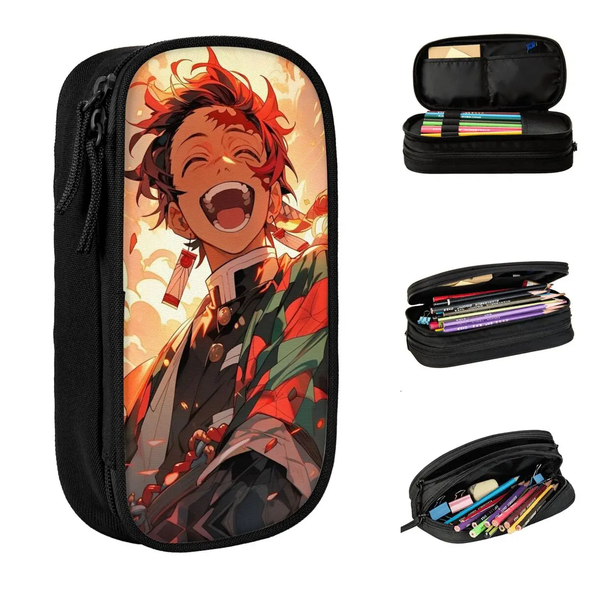 Fashion Demon Slayer Tanjiro Kamado Smiling Pencil Cases Pencilcases Pen for Student Large Storage Bag Office Zipper Stationery