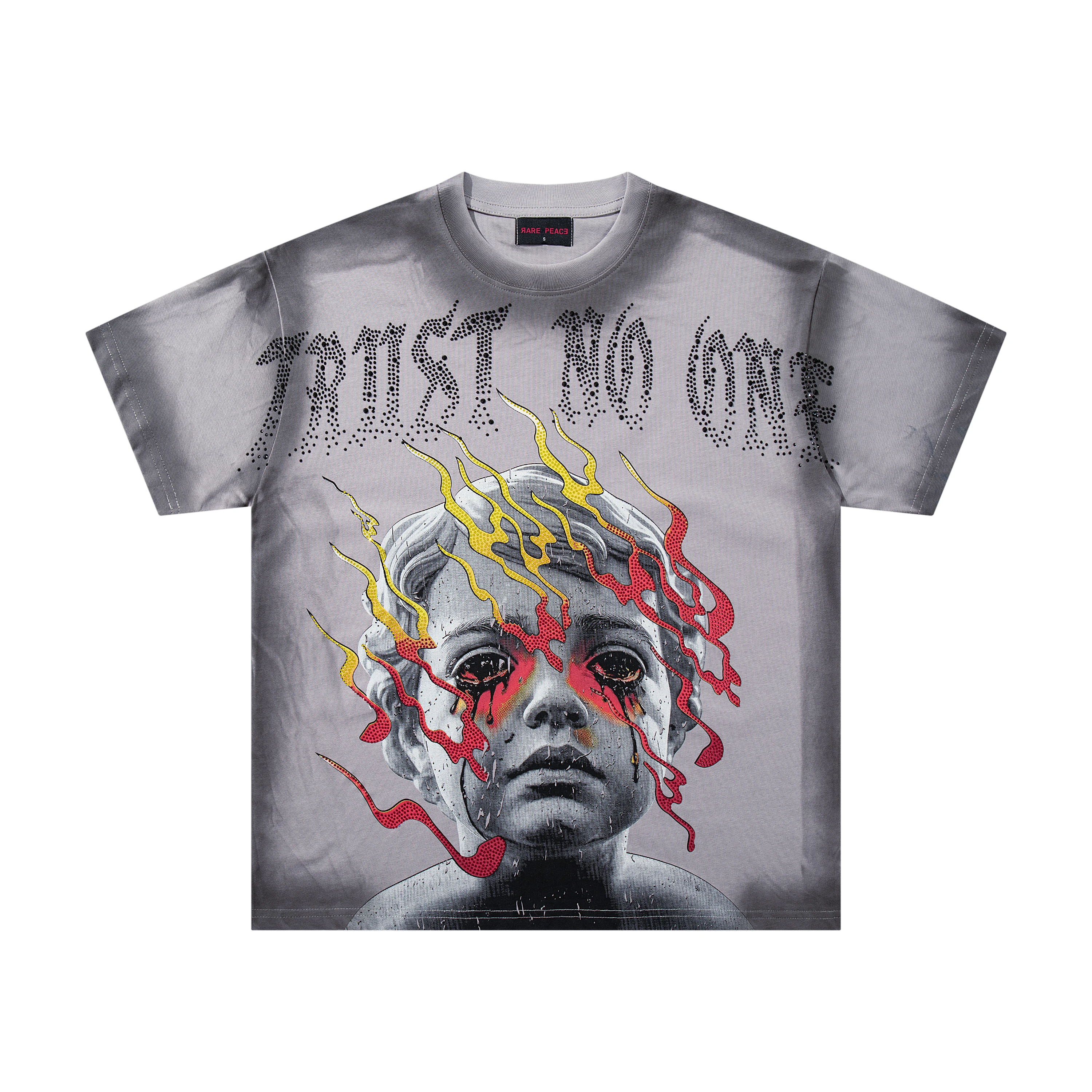 Boy Crying Shinning Rhinestone Short Sleeve Tshirts for Men and Women Crew Neck Cotton Diamond T-shirt Oversized