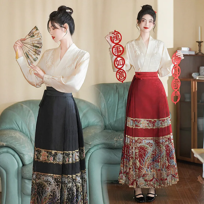 Traditional Daily Hanfu Women's Chinese Style Suit Embroidery Sleeve Horse-face Pleated Skirt Fashion Street Wear Clothing