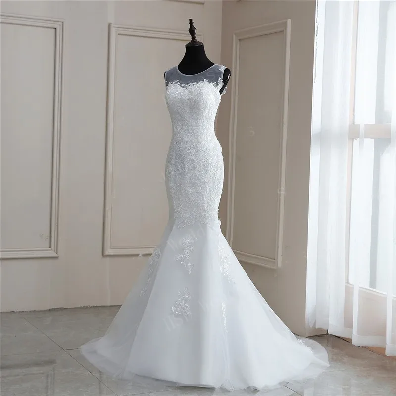 

Real Photo New Fashion Elegant Simple Appliques Court Train Lace O-Neck Mermaid Wedding Dresses Sexy Sweat Bride Gowns Zipper