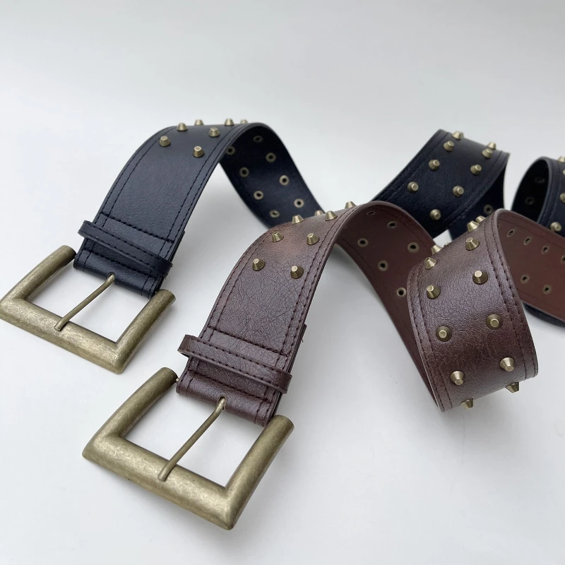 

Gothic Casual Studded Women's Wide Belt Y2k Cone Metal Inlay Fashion Belt Hottie Trend Dress Accessories Waistband