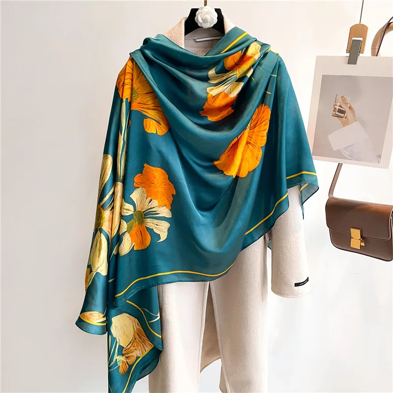 

2024 Hot Fashion Luxury Silk Scarf Women Spring Autumn Print Scarves Wrap Bandanna Foulard Muffler Female Travel Sunscreen Shawl