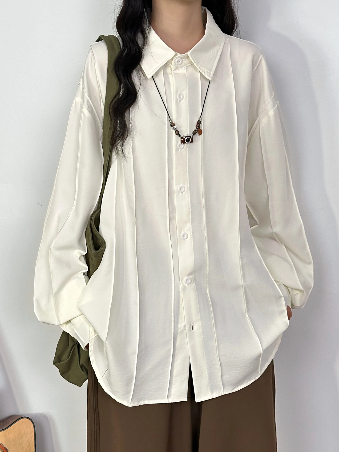 

Original American Retro Long Sve irt Women Casual Loose Lazy Sle Autumn Pure Color Streetwear Polyester Fiber irt