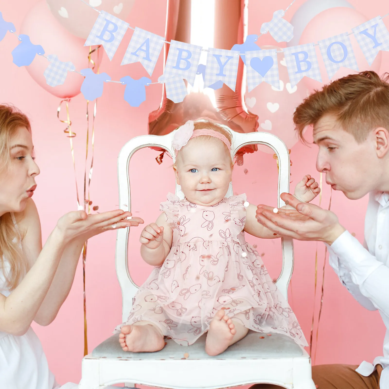 2Pcs Welcome Baby Boy Banner Gingham Fabric Baby Shower Decorations for Newborn Celebration Infant Birthday Party Bunting