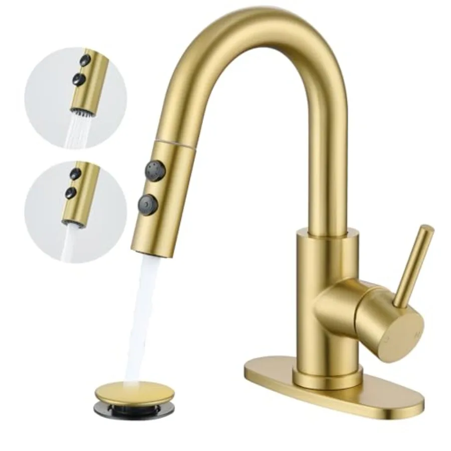 

Gold Bathroom Faucet with Pull Down Sprayer Single Hole Bathroom Faucet with Pop-up Drain and Flexible Hoses 1 Handle Sink Fauc