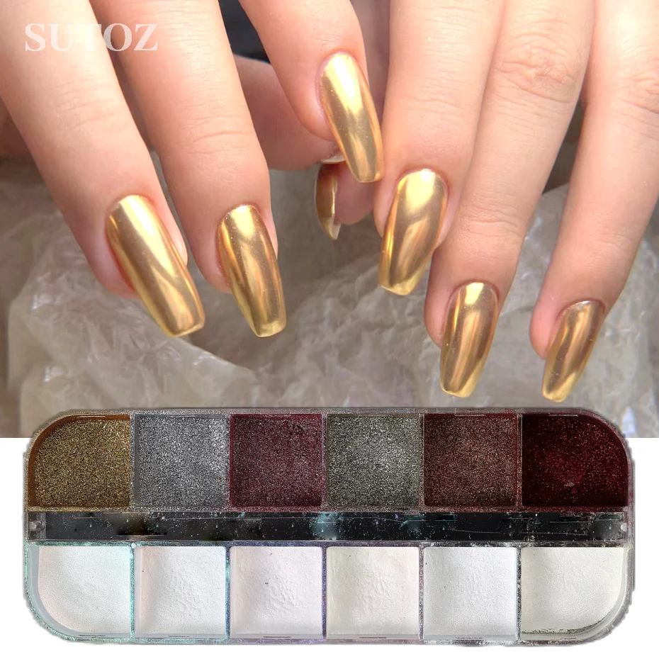 12 Grids Magic Mirror Powders Chrome Metal Effect Solid Nail Art Rubbing Dust For Manicure DIY Pigment And Material #LE12G-HMJ