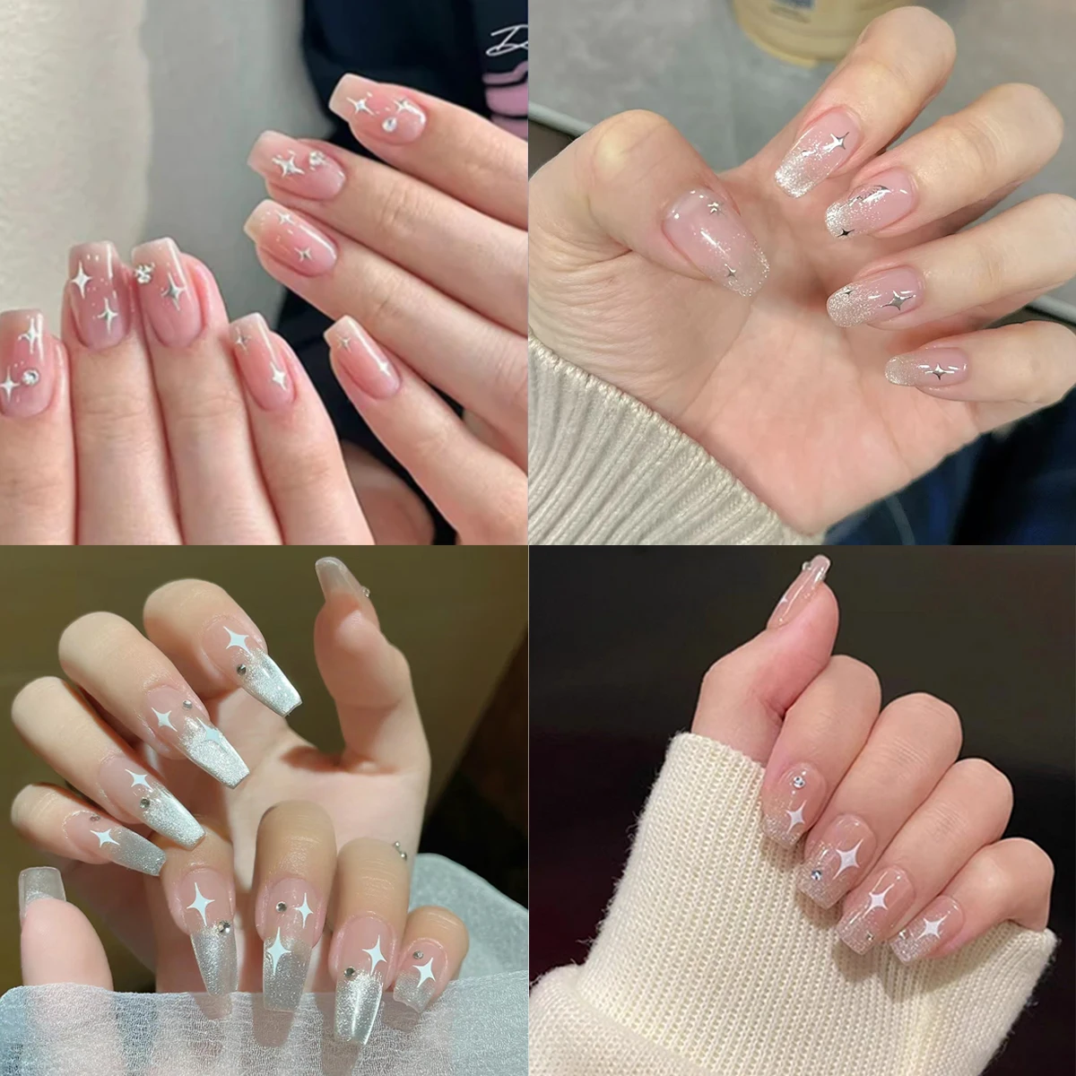 4/8 Sheets 3D Star Nail Art Stickers Black White Gold Embossed Sparkle Nail Decals Shiny Star Nail Stickers for Women DIY Nails