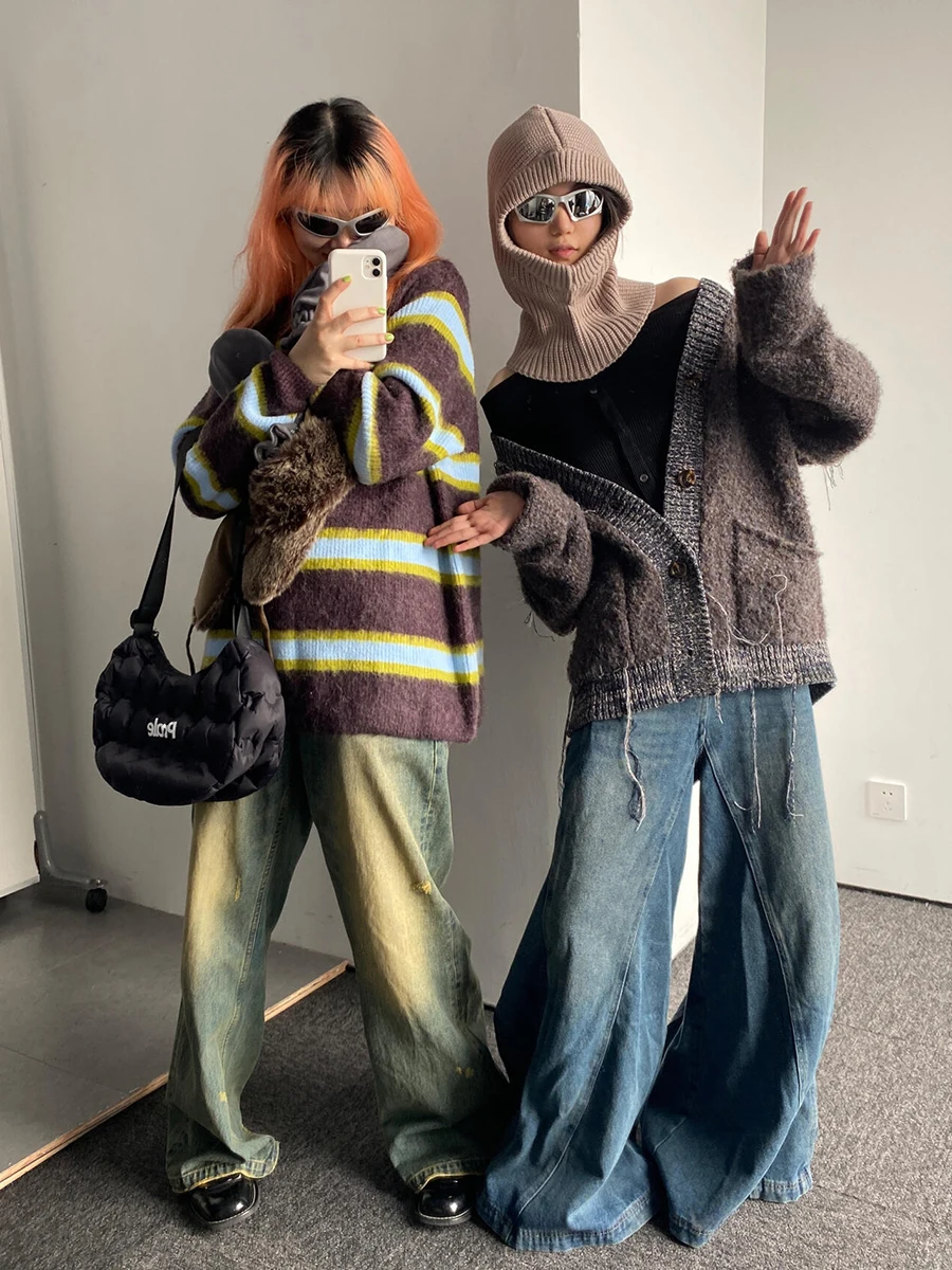 REDDACHiC Denim Blue Elephant Bell Bottoms Women Whiskers Do Old Patchwork Seam Oversized Flare Jeans Grunge Harajuku Streetwear