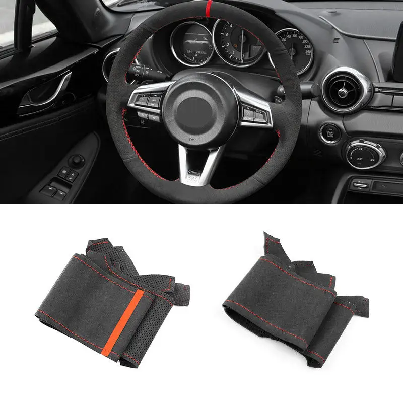 Car Interior Steering Wheel Cover Suede Perforated Leather Trim For Mazda MX-5 MX5 2016 2017 2018 2019 2020 w/ Needles Lines