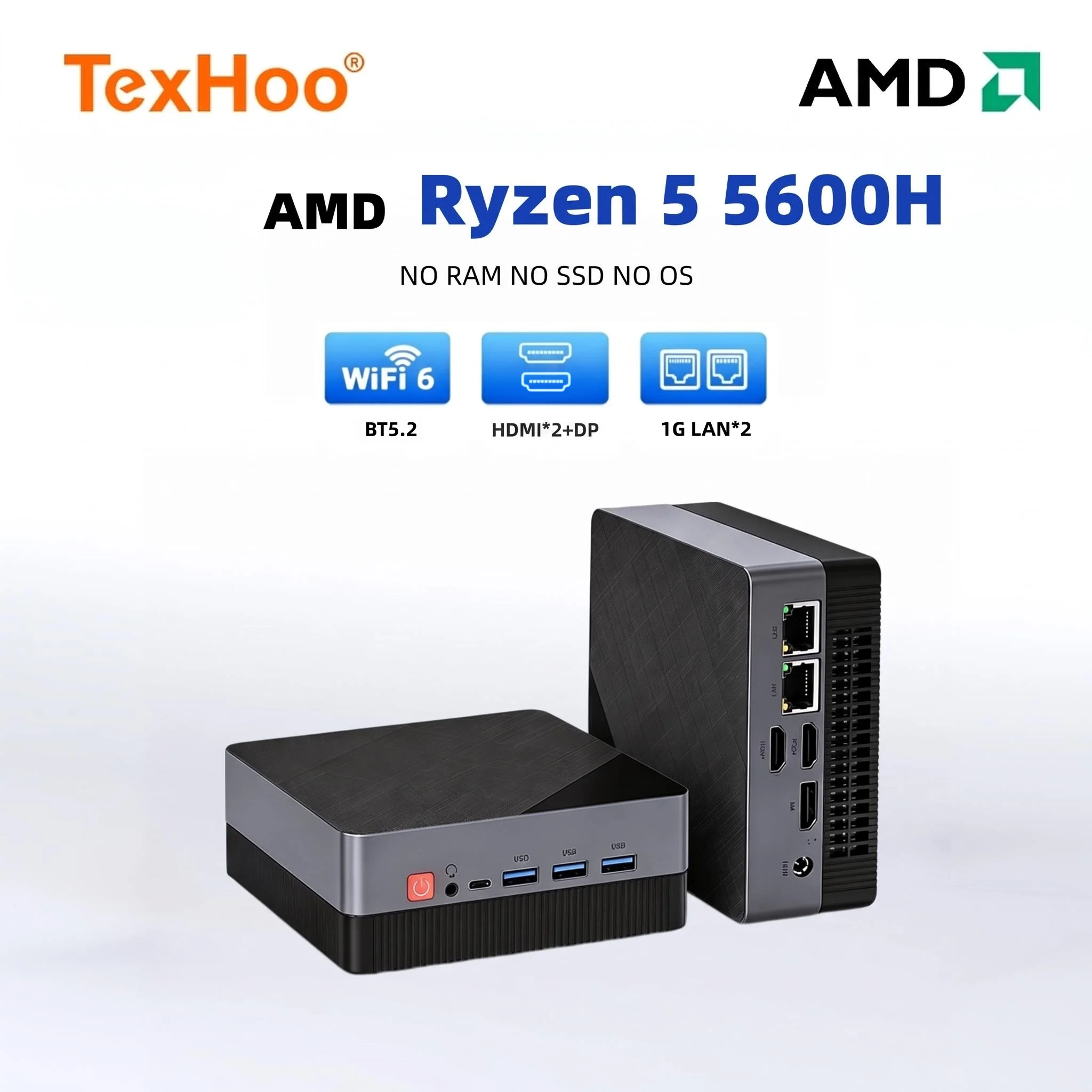 TexHoo Mini PC AMD Ryzen 5 5600H 1G LAN*2 Desktop Mini Computers WiFi 6 BT5.2 Type-C Triple Display DDR4 No RAM SSD for Office