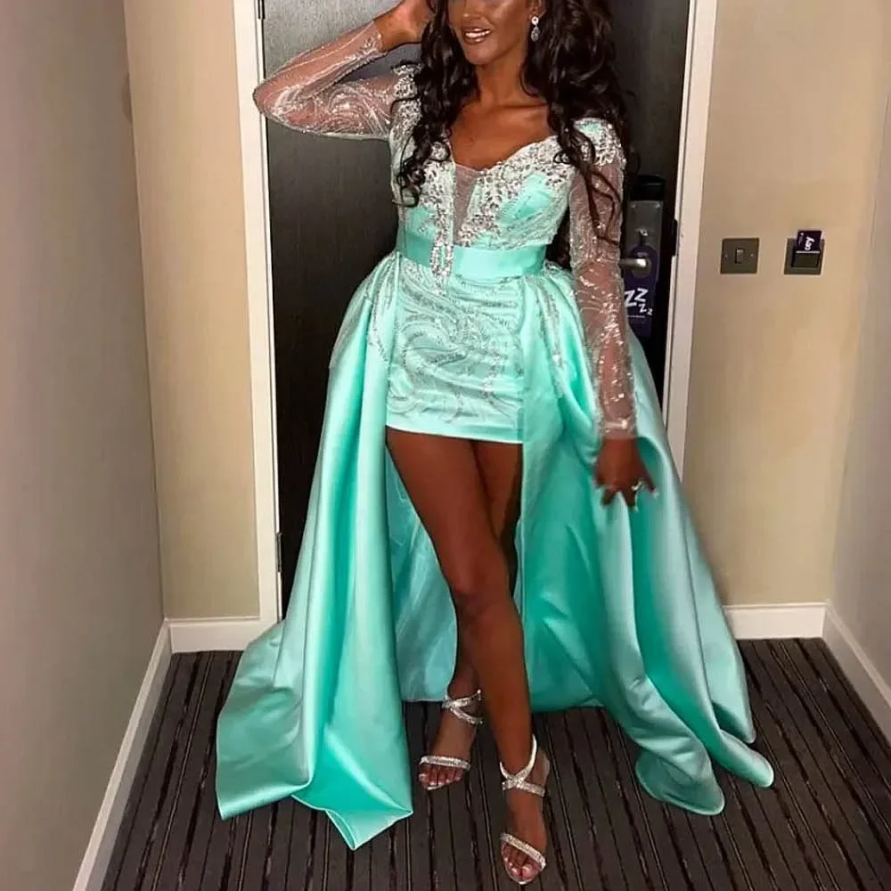 New Short V Lead Dance Dress With Detachable Train High-Low Long Sleeve Formal Cocktail Birthday Evening Dress Customized 2025