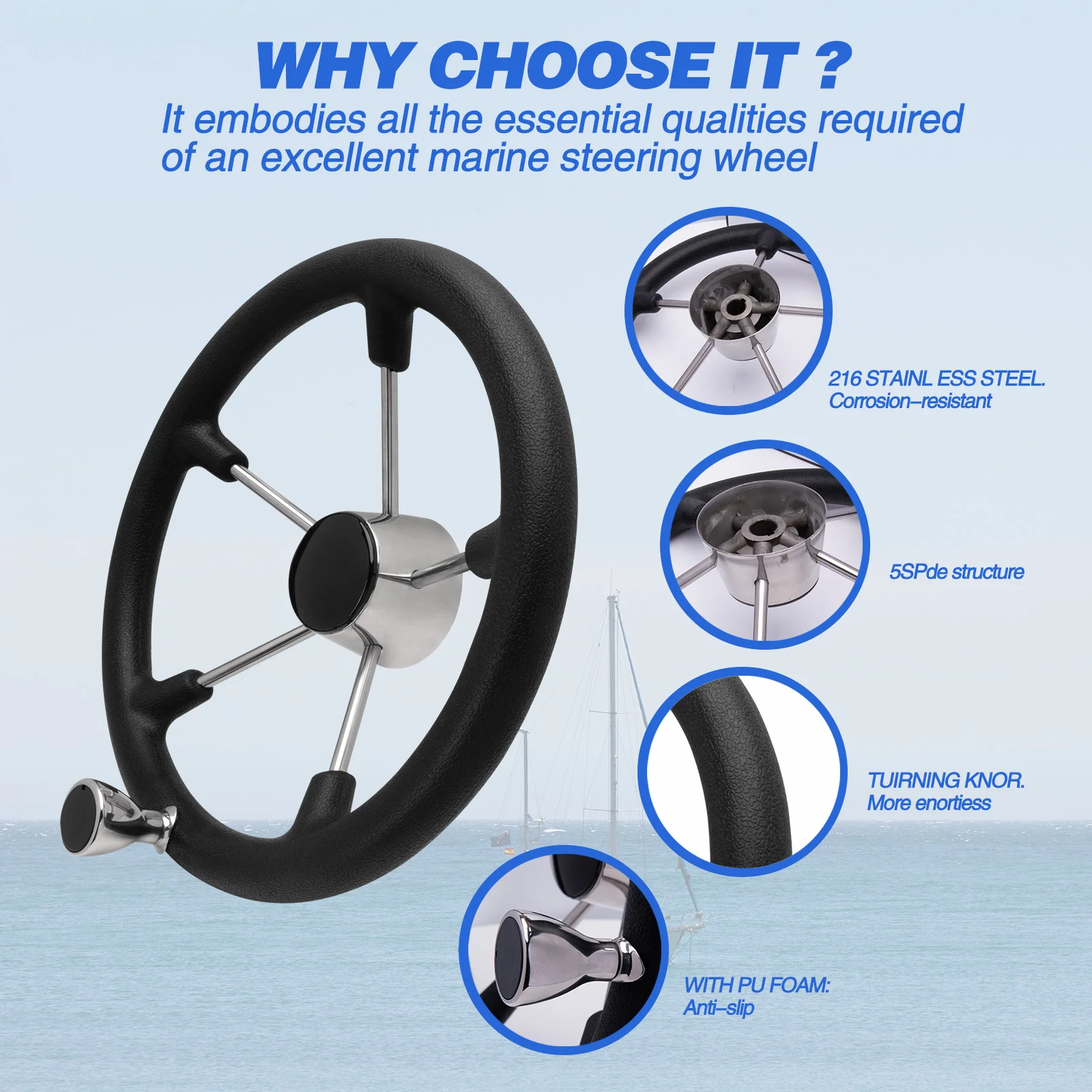 Volante de barco de acero inoxidable de 13,5 pulgadas y 5 radios con perilla - Rueda de control duradera para pontón de yate marino
