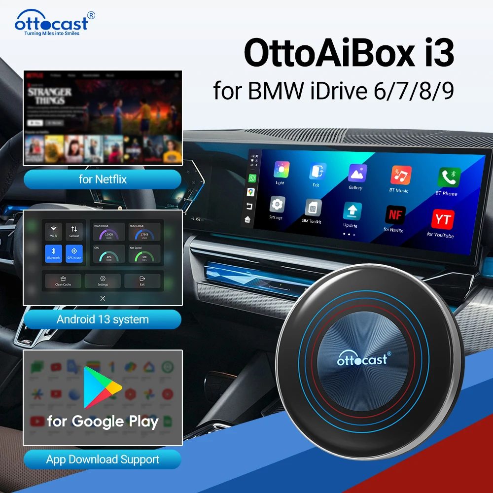 Ottocast i3 Android Auto AI TV Box for Wireless CarPlay Car Accessories Video Adapter Android 13 QCM6125 Men Boy Friend Gift