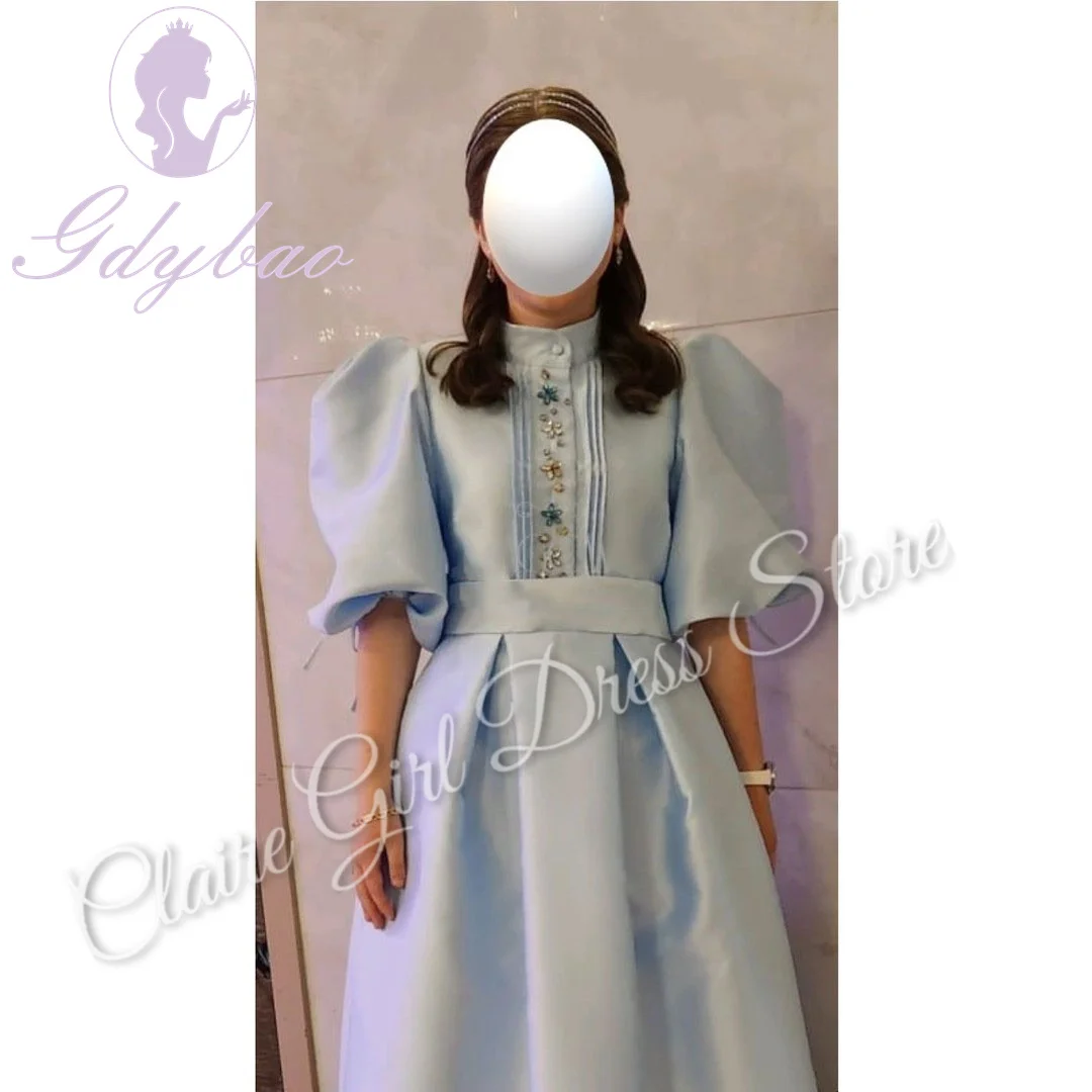 Vestidos de niña de flores azul cielo personalizados para boda, satén, cuello alto, media manga, fiesta de cumpleaños para niños, vestido de baile de primera comunión