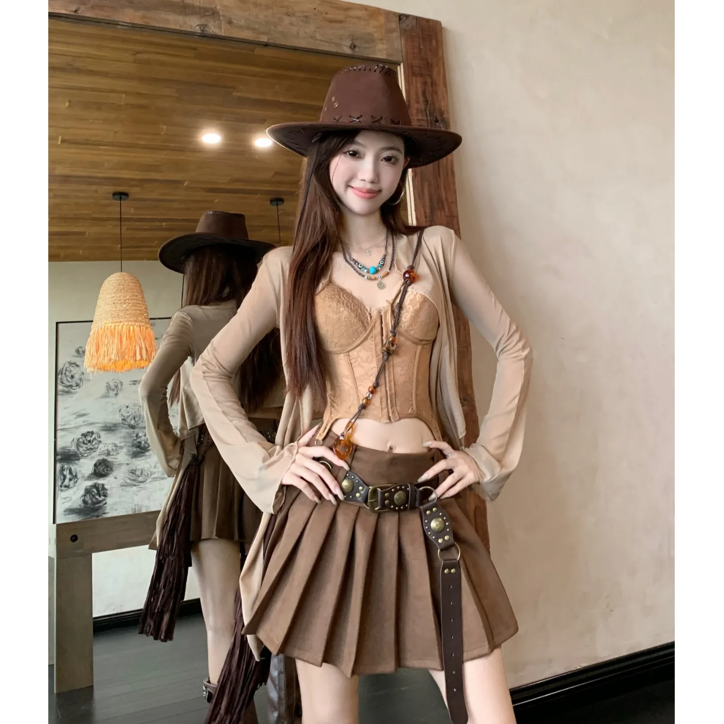 

Длинный комплект из кружева в стиле вестерн, ковбойский комплект для модных девочек, юбка с завязками на поясе, открытый кардиган, модный ансамбль