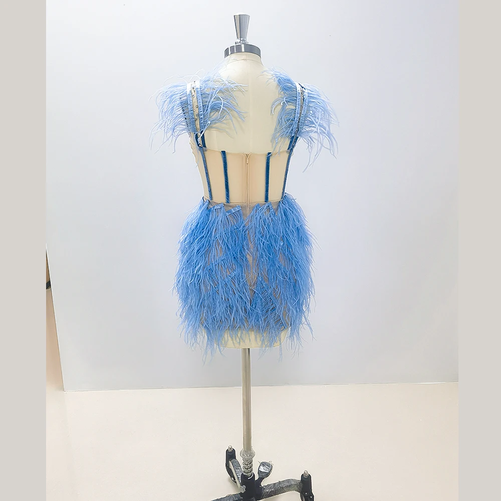 Mini Blue Feathers Beading Short Evening Dress New Fashion Female Ankle Length Party Prom Gowns