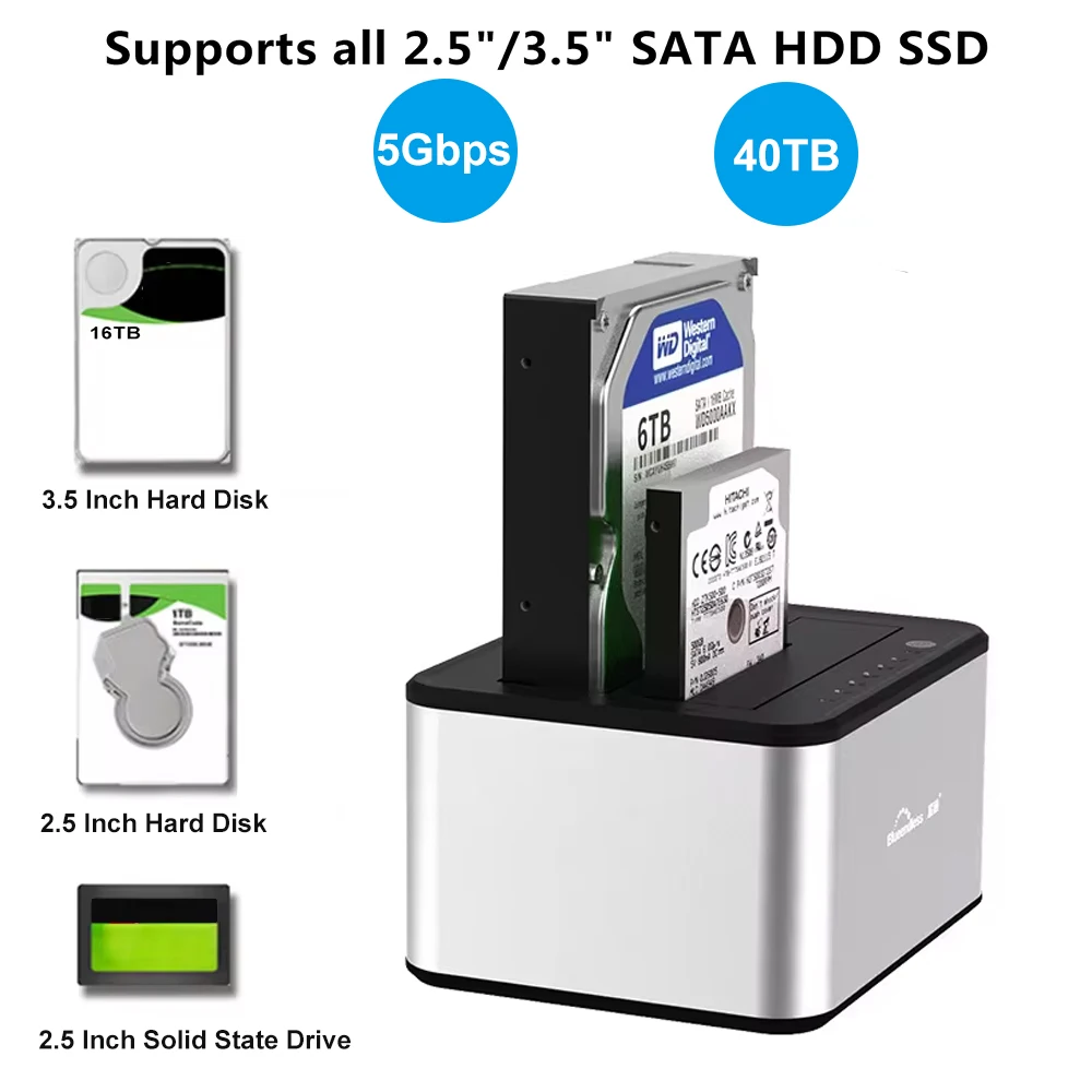 Dual-bay Hard Drive, stasiun Dok 2.5/3.5 inci SSD Eksternal Hard Drive SATA ke USB 3.0 HDD casing 12V3A adaptor daya