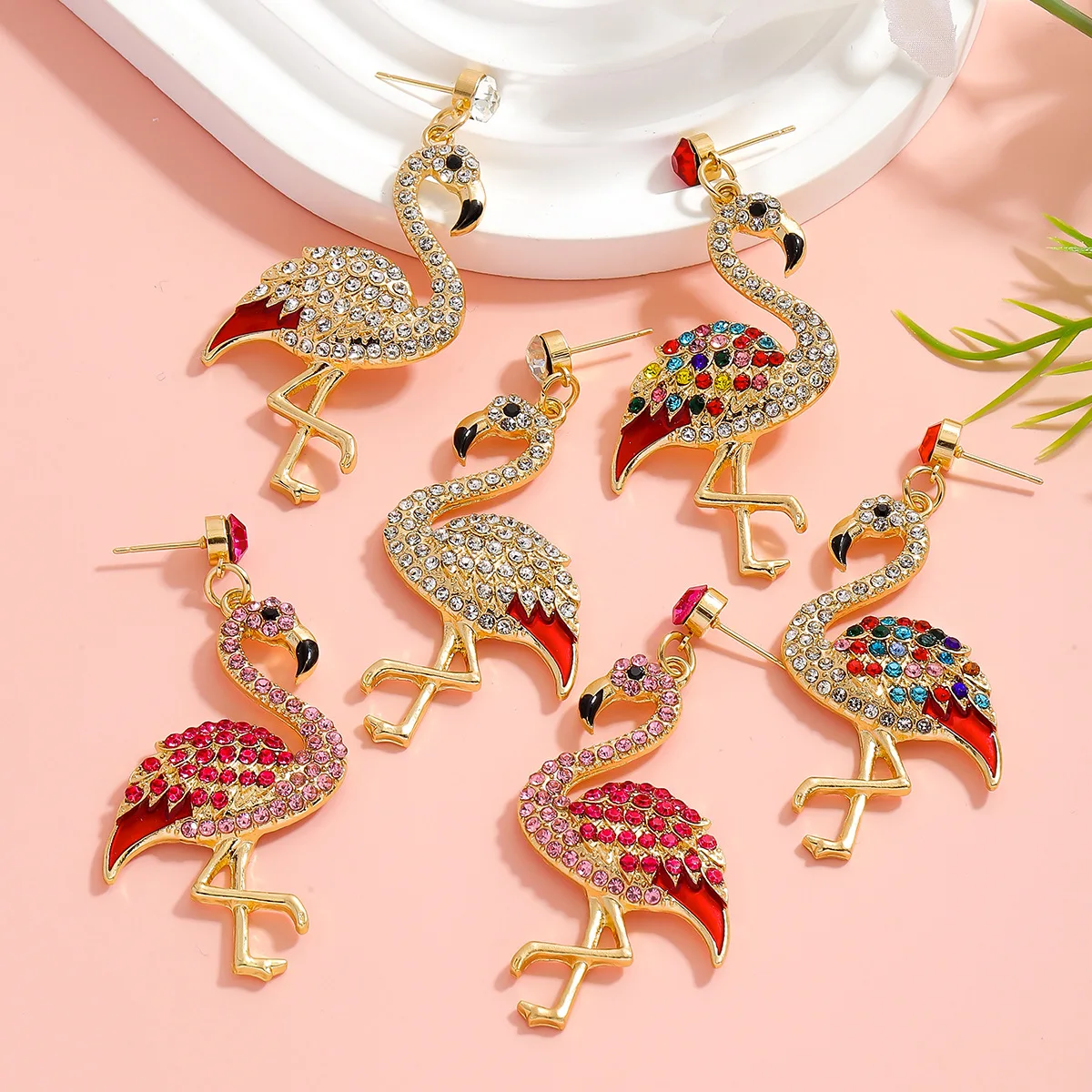 Summer Summer Beach Diamond Flamingo Earrings Retro Exaggerated High-end Diamond Personalized Earrings