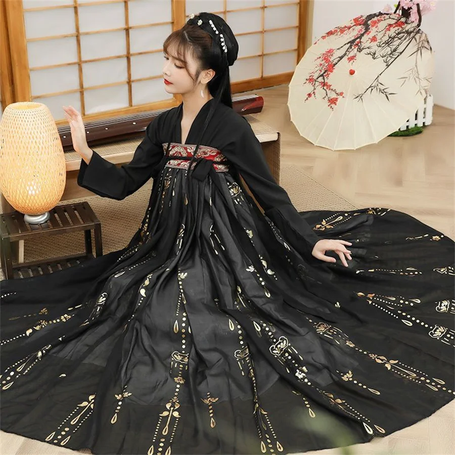 Chinese Traditional Hanfu Women's Folk Dance Costumes Fairy Princess Dresses Retro Girl Cosplay Black red Crane New