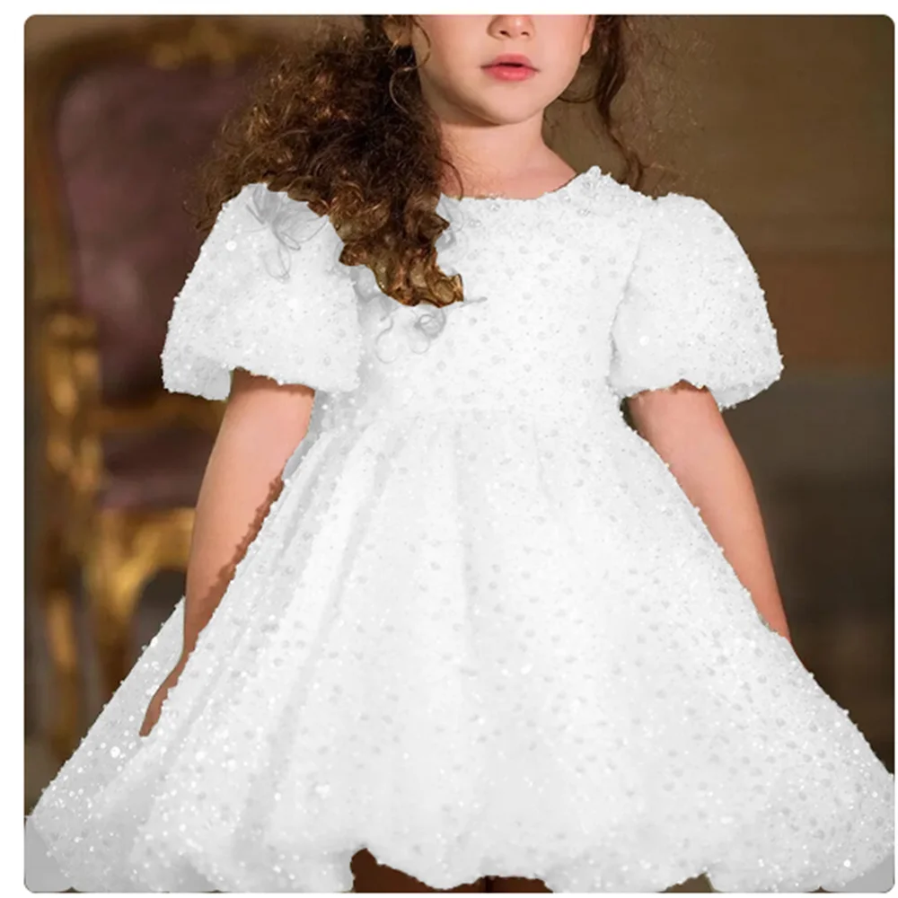 White short sleeves are cute Flower Girl Dresses Sequined Princess  Wedding Party Gowns Spring-summer Gown