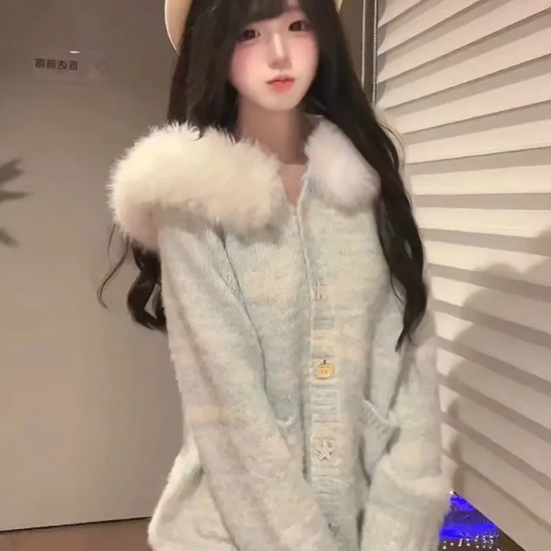 

Korean Lazy Wind Blue Gradual Change fur Collar Plush Sweater Hooded Knitted Cardigan Women Coat Texture Autumn and Winter Wear