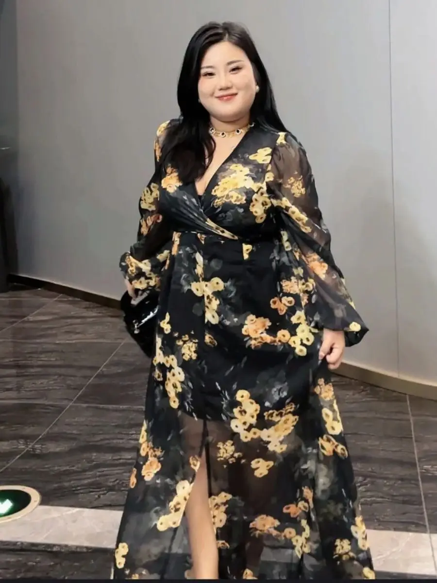 

Платье с цветочным принтом, приталенное, с длинным рукавом, для женщин больших размеров, в винтажном стиле, с юбкой А-силуэта, из полиэстера, комфортное посадка