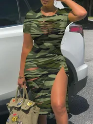 LW SXY Camo Print Cut Out Ruched Drawstring Dress Women Summer Pierced High Split Short Sleeve Asymmetrical Knee Length Dresses