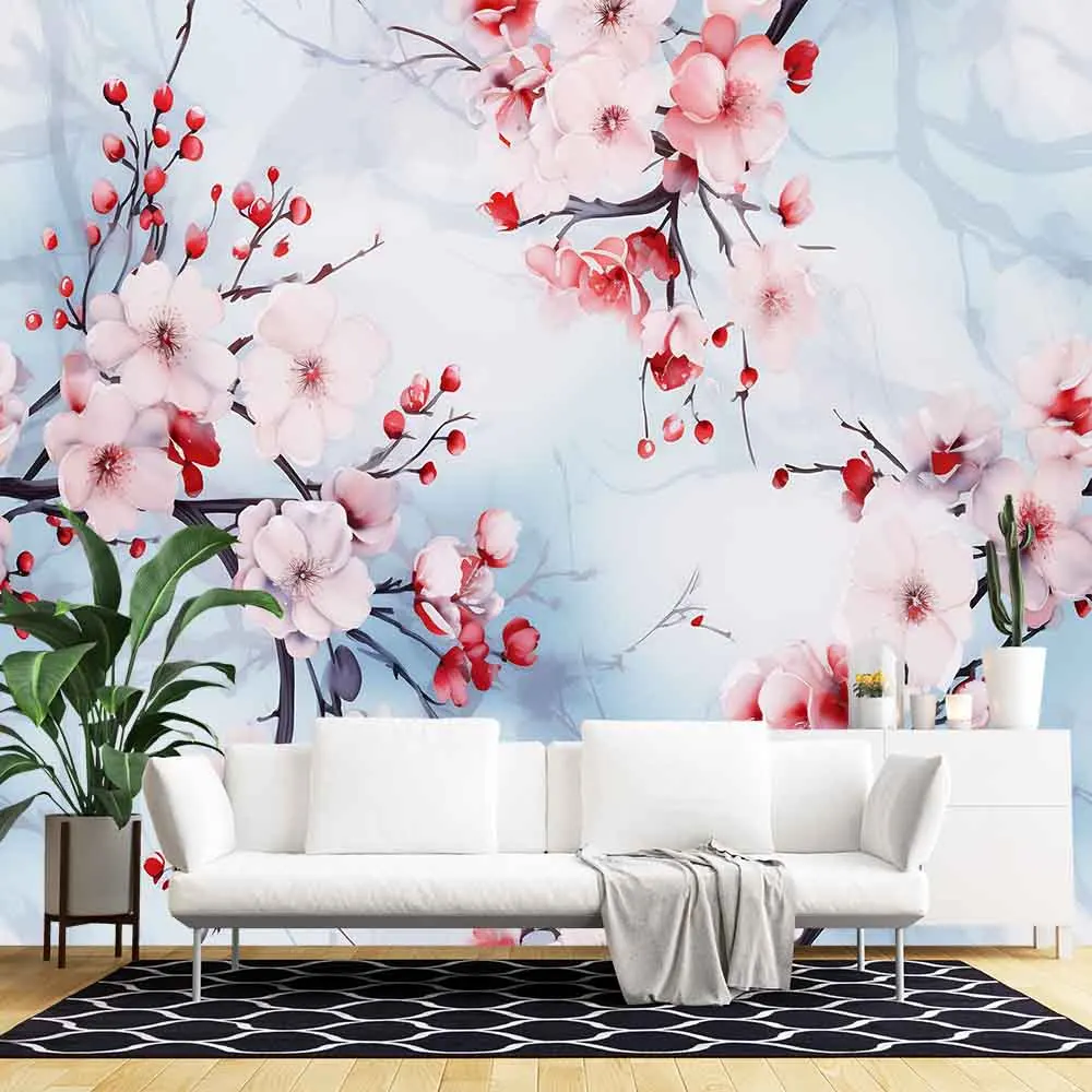 

Landscape Art Print Blooming Pink Flower Self Adhesive Wallpaper Peel and Stick Wallpaper Funitures Cabinet Paper Decoration