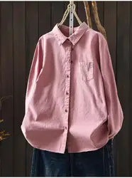 Enianechu Pure Cotton Pink Green Solid Shirts Office Wear Woman Autumn Japan Fashion Long Sleeve Blouses Base Shirts