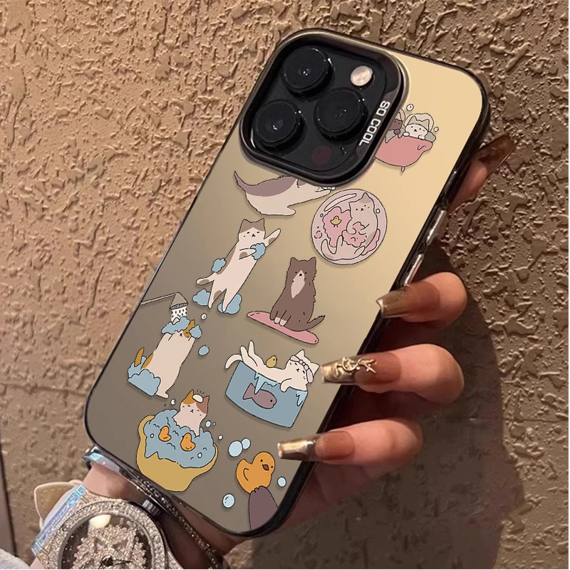 Funny Cute Doodle Cat IMD Hard Case For iPhone 16 ProMax 15 14 13 12 11 Pro Max XS X XR 16 Plus Y2K Plating PC Bumper Back Cover