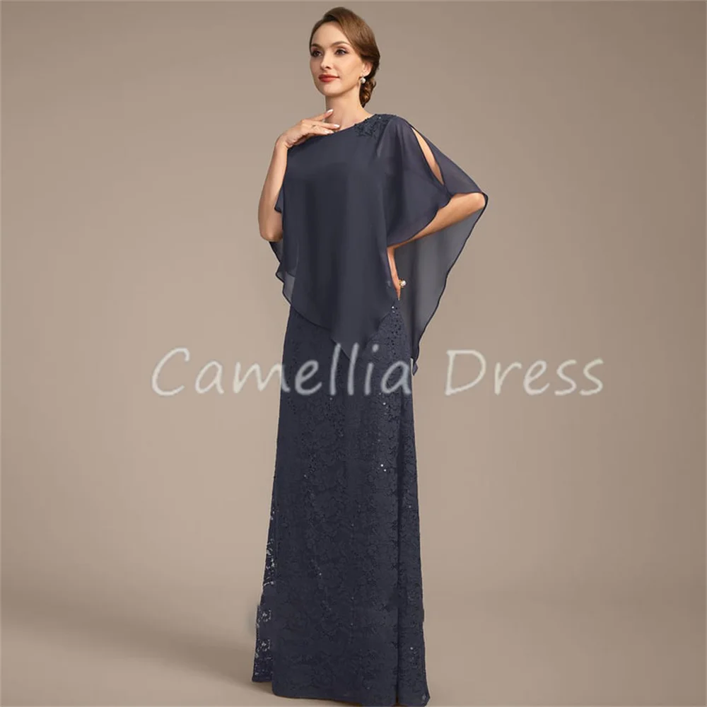 Vestido de cuello redondo para madre de la novia, Vestidos formales de encaje de gasa, hasta el suelo, novedad