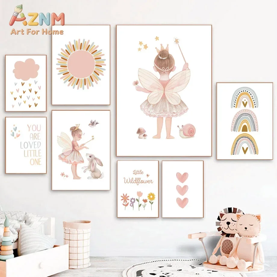 AZNM Fairy Girl Canvas Wall Art, Boho Pink Rainbow Sun Wildflower Heart Print, Cute Bunny Snail Quote Poster, Frameless Canvas P