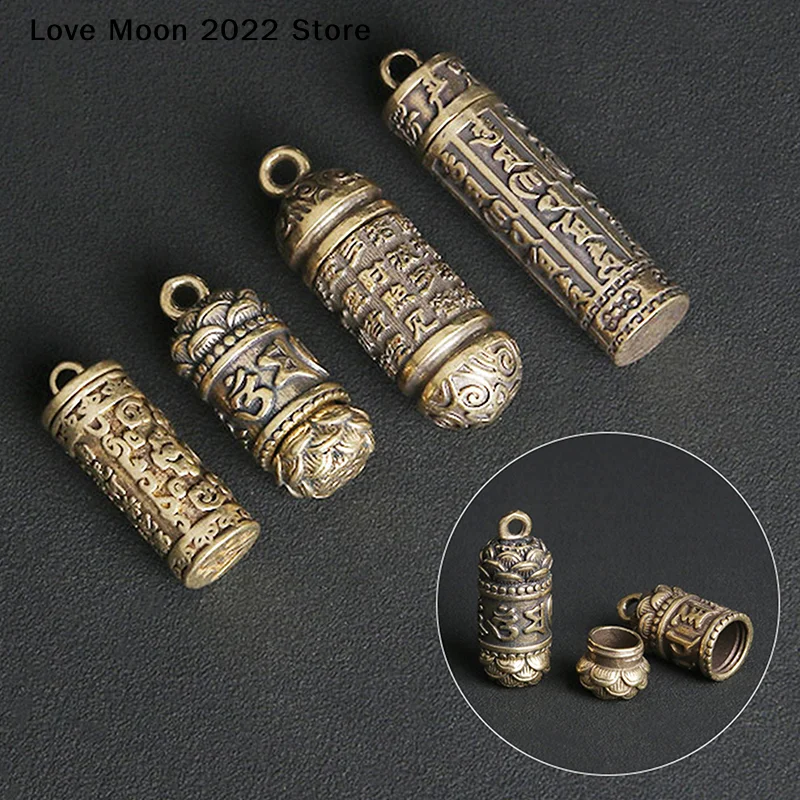 1Pc Hollow Brass Buddha Bottle Sutra Cylinder Pendant DIY Keychain Handmade Vintage Mini Pill Box Container Bottle