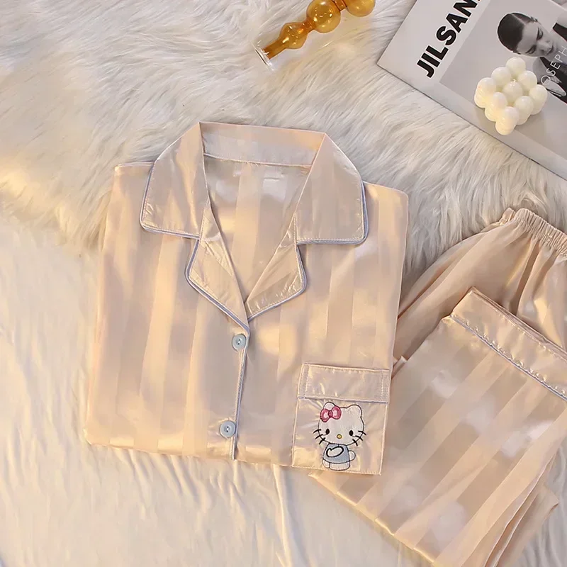 Hello Kitty's new women's pajamas, ice silk long-sleeved trousers cartoon casual two-piece set Sanrio loungewear pajamas