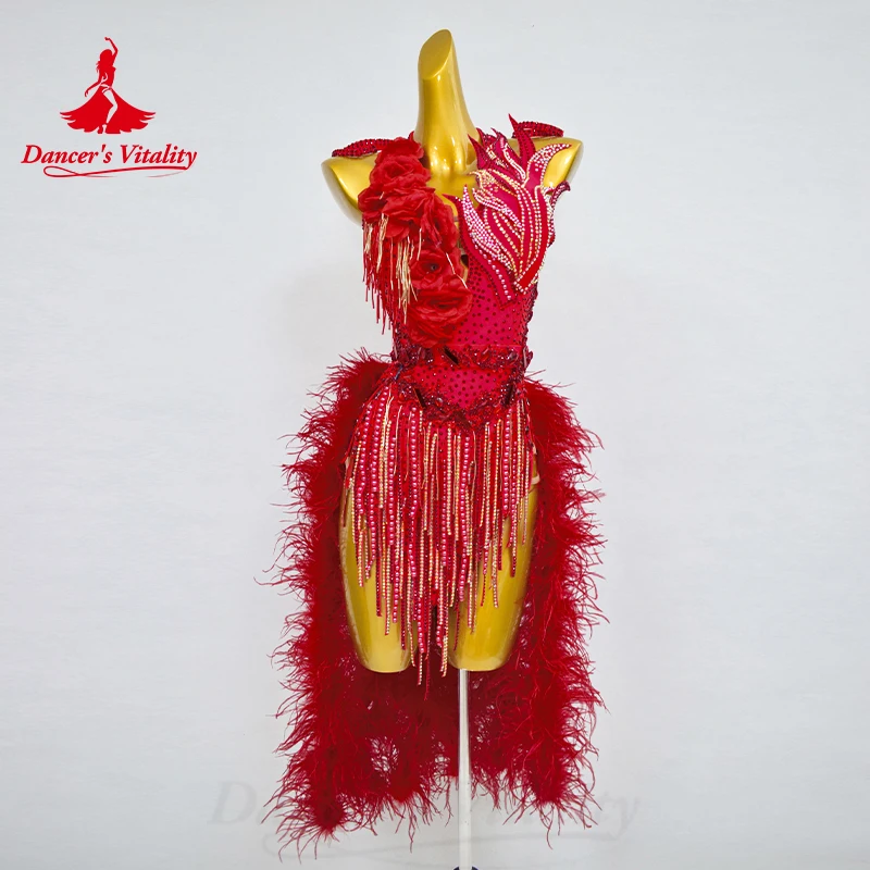 Disfraces de actuación de baile latino para mujer, vestido de borla de plumas de diamante, personalizado para personas mayores, Tango, Chacha, Samba, vestidos de competición