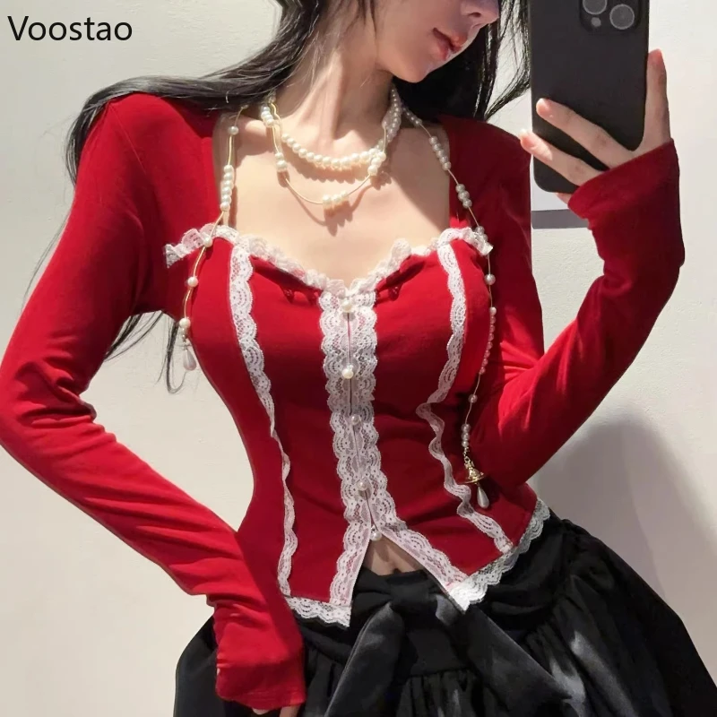 

Элегантные рождественские красные футболки с длинными рукавами во французском стиле, женские повседневные кружевные лоскутные тонкие топы с квадратным воротником, корейские женские футболки