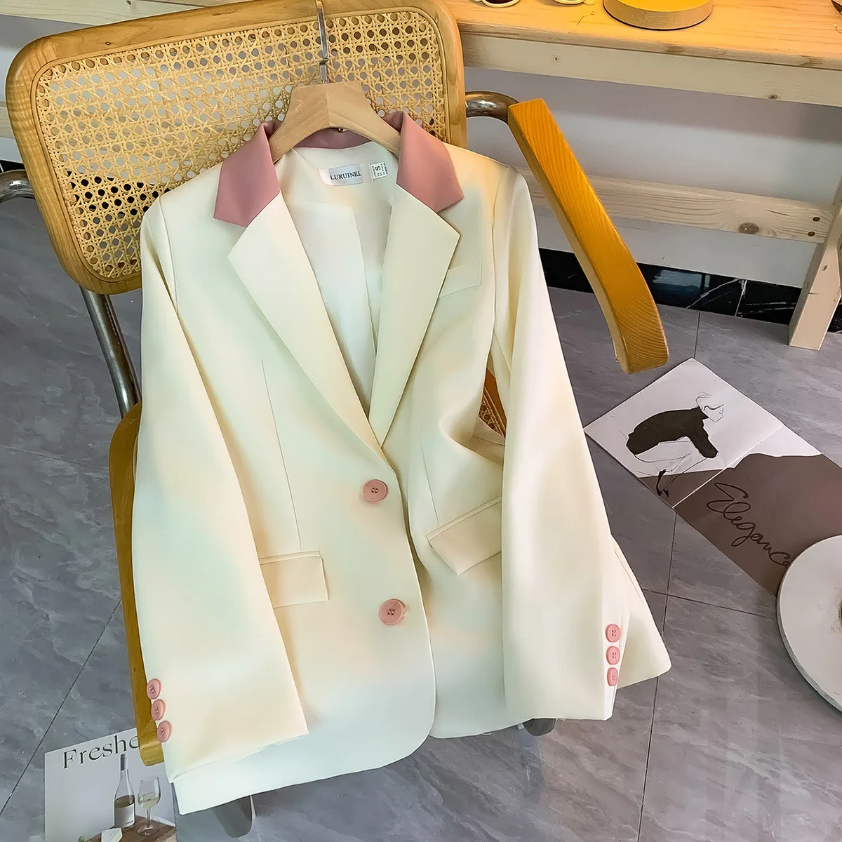 Spring Autumn Women Solid Color Blazer Outwear Femme Leisure Long Sleeves Suit Coat Korean Lady Fashion Pink Button Jacket