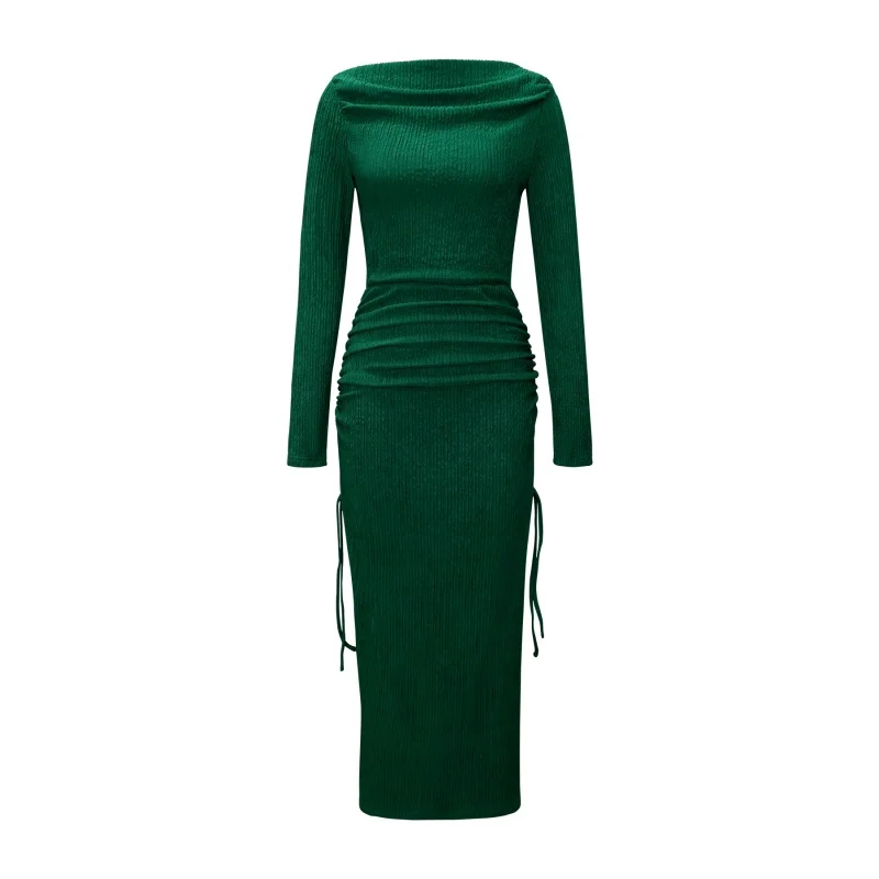 Damen-Midikleid mit schulterfreiem Schnitt, langen Ärmeln, figurbetontem Schnitt, strukturierter Strickoptik, geraffter Taille, seitlichem Kordelzug, schmaler Passform, für Partys und Abendveranstaltungen, Dropshipping – Detail 10