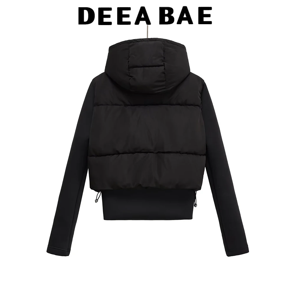 DEEABAE 2025 خريف منتج جديد ملابس نسائية بسيطة عادية أسود سستة التخسيس مقنعين سترة قطن