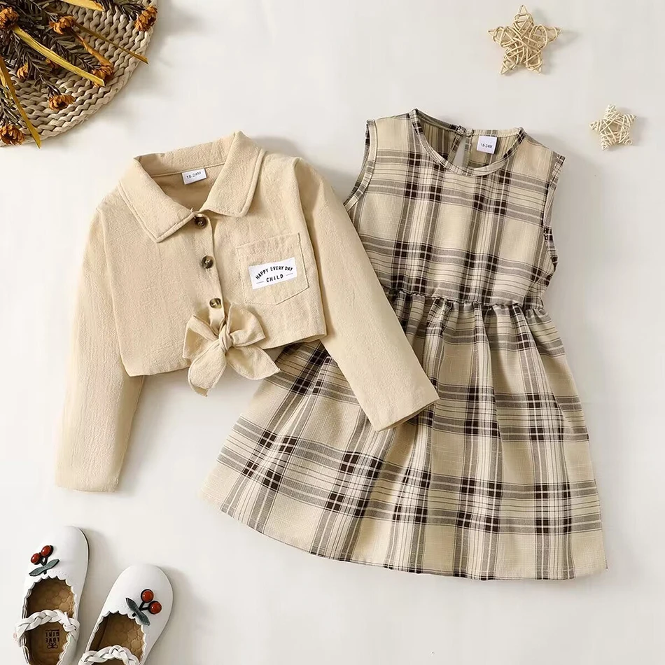 Girls Almond-Toned Ensemble Stylish Jacket and Sleeveless Long Skirt Dress Versatile Spring-Autumn Two-Piece Set Children Sets