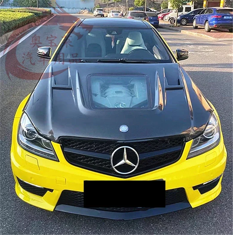 For Mercedes Benz C Class W204 C200 C260 C300 C63 07-14 Real Carbon Fiber Transparent Front Bumper Engine Hood Bonnet Body Kit