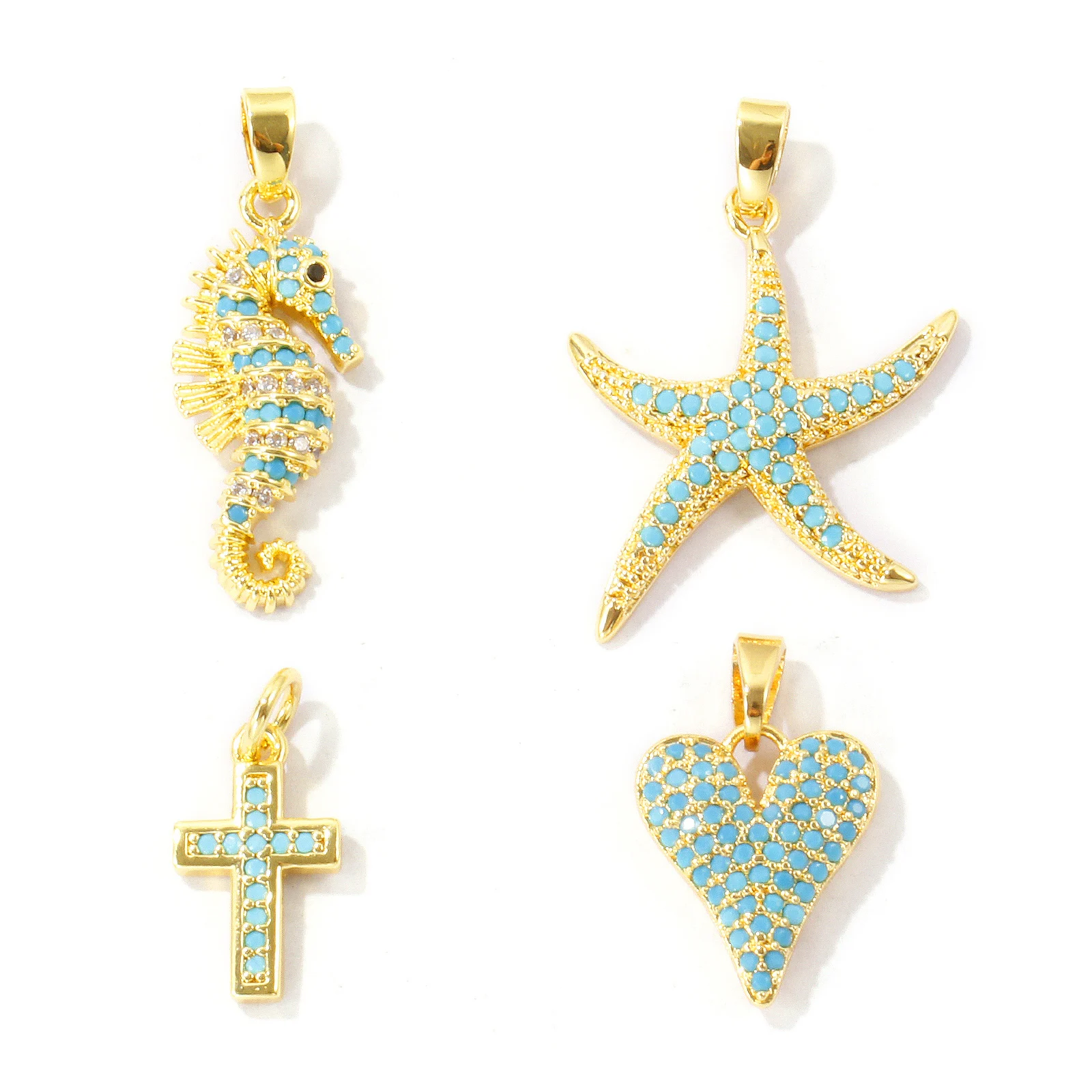 Image of 2 Stück Messinganhänger, 18 Karat vergoldet, mit blauem Zirkonia, Kreuz, Herz, Seepferdchen, Seestern, Anhänger für DIY-Halsketten und Schmuckherstellung