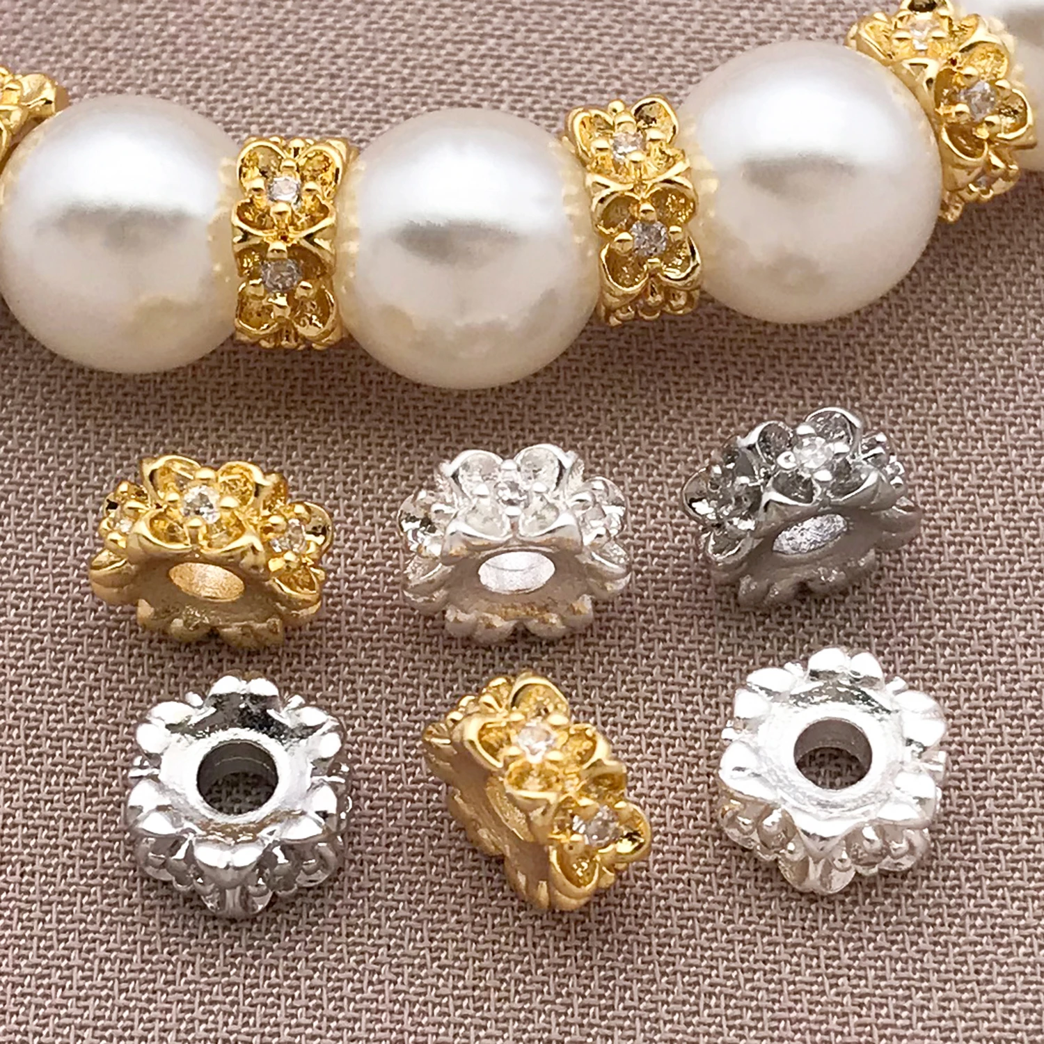 Mix 3/5pcs 18K Copper Plated Real Golden Thick Silvery White Golden Osmanthus Zircon Spacer, DIY Jewelry Making Accessories