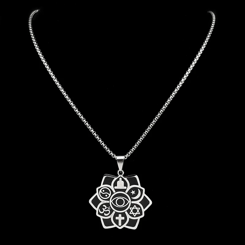 Islam Moon Star YinYang Cross Yoga Star of Davd Necklace for Women Men Stainless Steel 6 Philosophies Lotus Flower Chain Jewelry